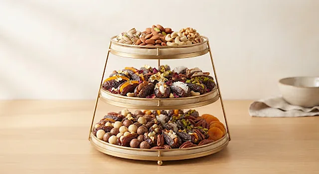 A tiered stand of assorted nuts and dried fruit set for a celebration