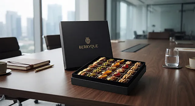 A Berryque corporate gift box on a boardroom table