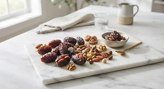 Dates and nuts laid out on a marble serving board