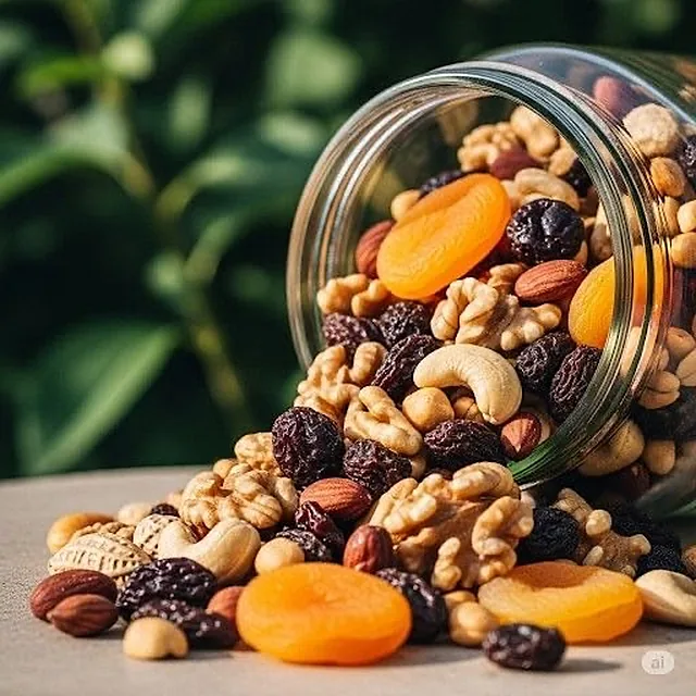 Mixed dried fruit and nuts spilling from a glass jar