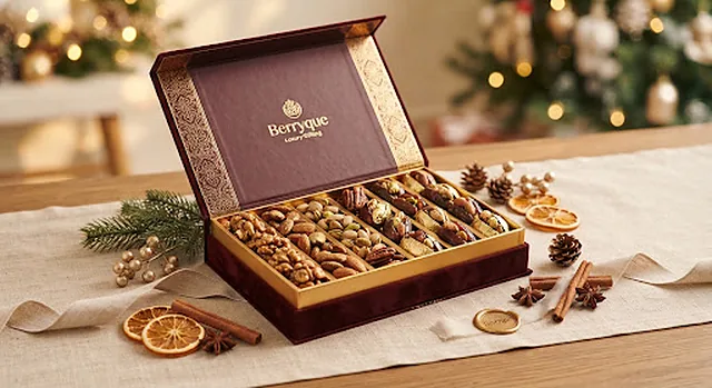 A festive Berryque gift box beside seasonal decorations