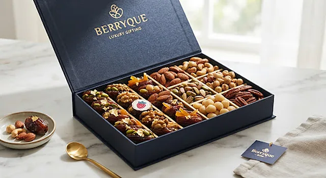 A large open Berryque hamper with a gold serving spoon