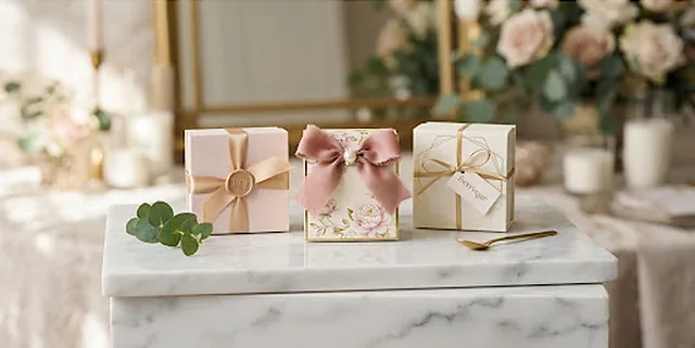 Small ribboned Berryque favour boxes arranged beside fresh flowers
