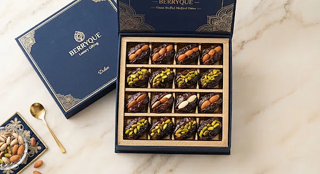 Stuffed Medjool dates in a presentation box