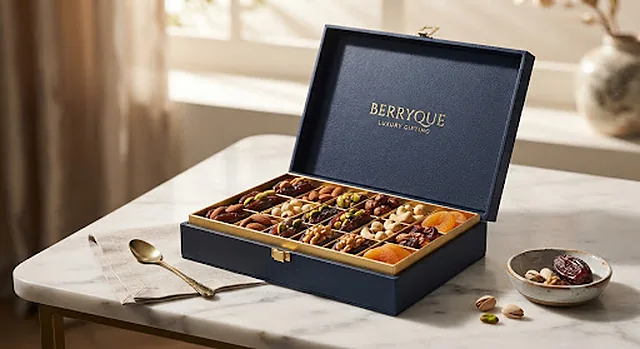 An open Berryque heritage box of dates and nuts on a sunlit marble table