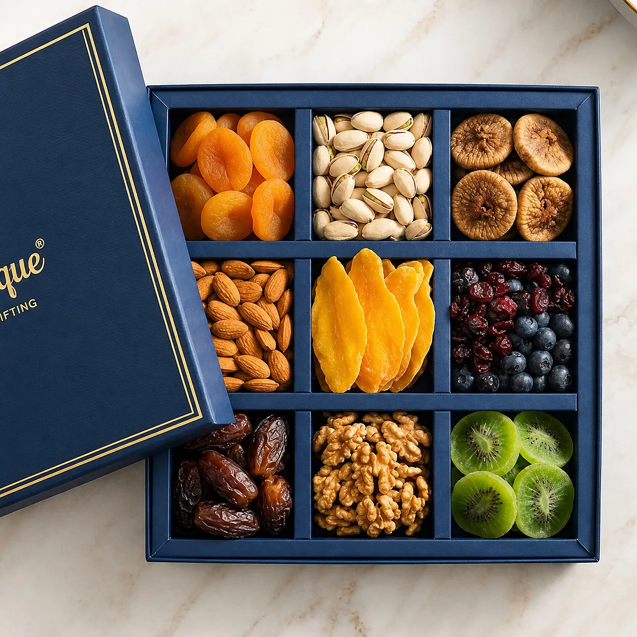 A Berryque signature box of premium dates, nuts and dried fruit, arranged in compartments