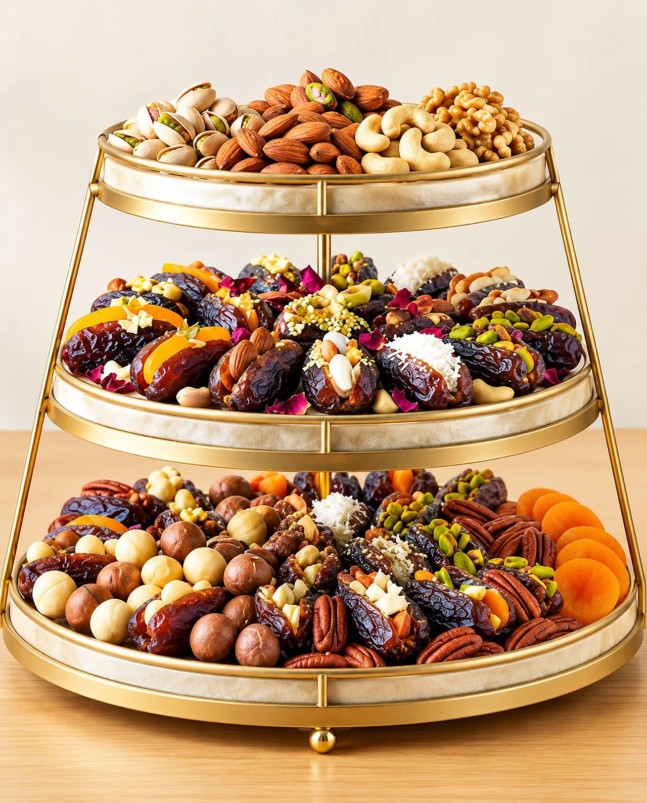 A tiered stand of assorted nuts and dried fruit